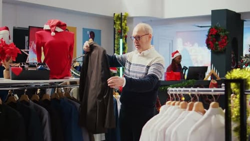 Man Shopping for Blazer in Festive Clothing Store