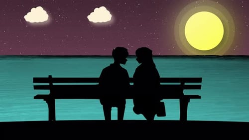 Romantic Couple Seating On The Beach At Night And Locking The Sea, Silhouette Of Love Coupled Seati