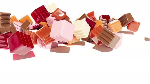 Süße Bonbons mit Marmelade, Honig und Schokolade, die auf eine weiße Oberfläche fallen, Superzeitlupe, 1000 FPS