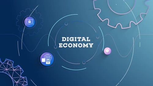 Infographie Économie numérique sur fond bleu en boucle