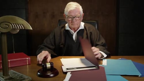 Judge bangs his gavel after reviewing court documents HD
