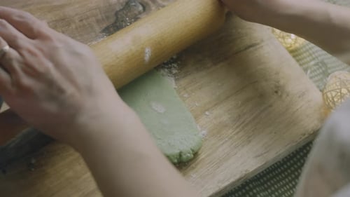 I Roll Out the Green Shortbread Dough on a Wooden Board