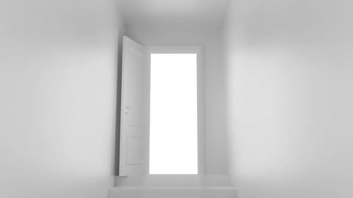 Minimalist White Door Opening Reveal with Stairs and Bright Light