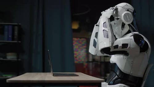 Robot Working on Laptop at Desk Indoors