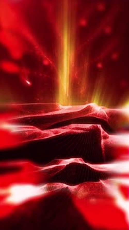 Glowing Red Abstract Wireframe Terrain with Ascending Light Beam