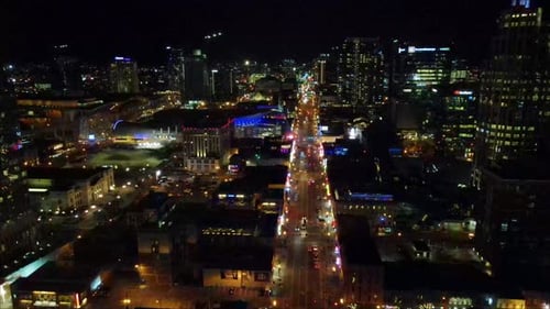 Broadway Street in downtown Nashville, shot by drone at night