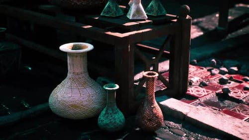 Colorful Pottery Displayed at a Bustling Market in a Small African Town