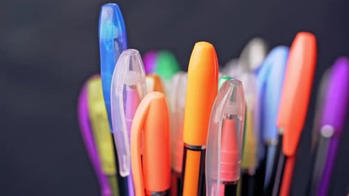 Many different colored pens.Tools for drawing, education, school, creativity.