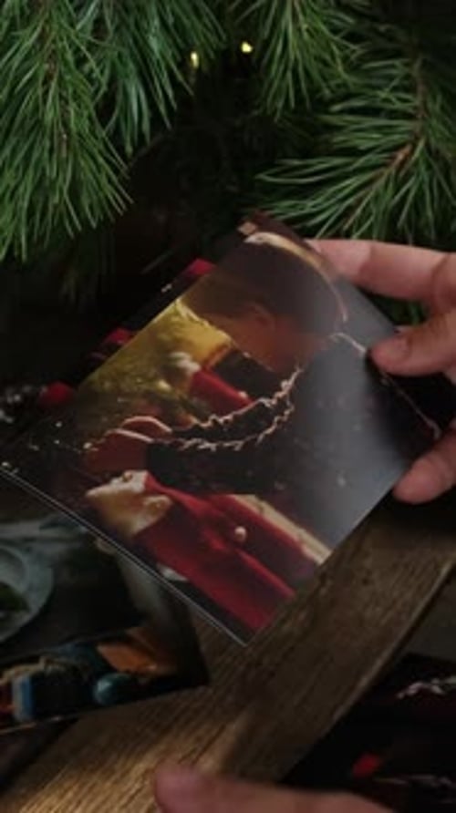Vídeo vertical de una persona mirando fotos familiares impresas en Navidad