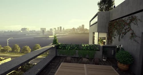 Urban Balcony View with Plants Overlooking City Skyline at Sunset