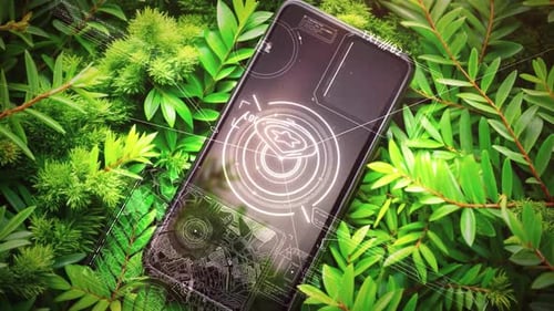 Smartphone affichant une interface de suivi de localisation reposant sur un feuillage vert luxuriant