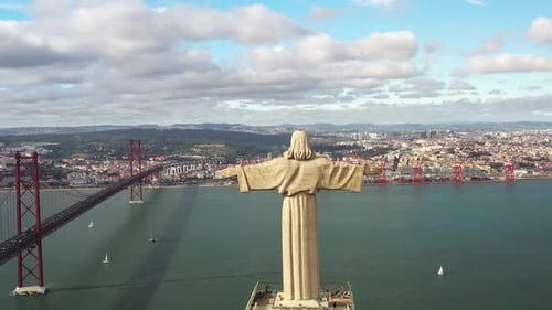 Aerial Footage Lisbon View From Statue Christ the King Back