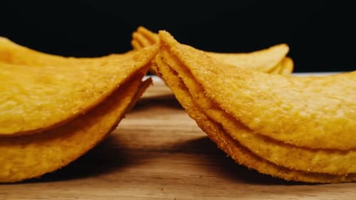 Crispy Potato Chips Close Up Pack in Macro Golden Fried Potatoes Close Up Potato Snack for Unhealthy