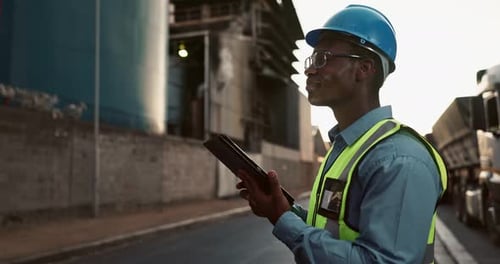 Man, engineer and tablet or building inspection online or construction development