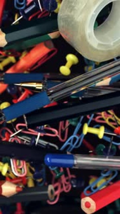 Different School Tools Fly Up and Down Back to School Filmed on a Highspeed Camera at 1000 Fps