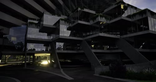 Diseño arquitectónico moderno que muestra una estructura de varios niveles al anochecer