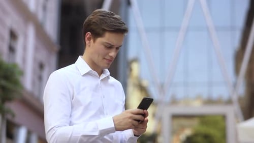 Face Sad Successful Business Man Use Phone on the City Business District Street Mobile Caucasian