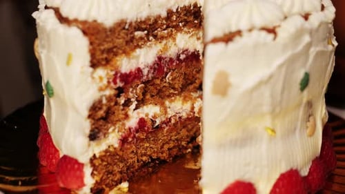A Slice of Cake with Cream Cheese and Strawberry Closeup Homemade Cake Dessert in Cafe