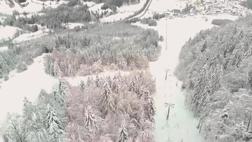 Closed ski resort with still standing chairlift covered with fresh white snow due to Covid-19 in Kra