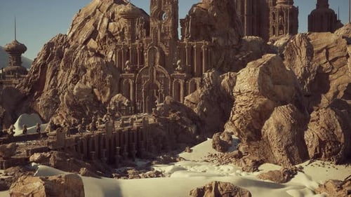 Ancient Carved Fortress Surrounded By Lively Nomads and Desert Relics