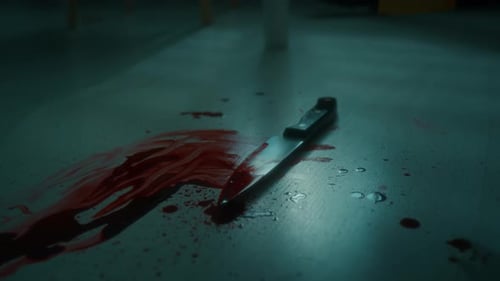 Bloody Knife Lying on Floor at Crime Scene
