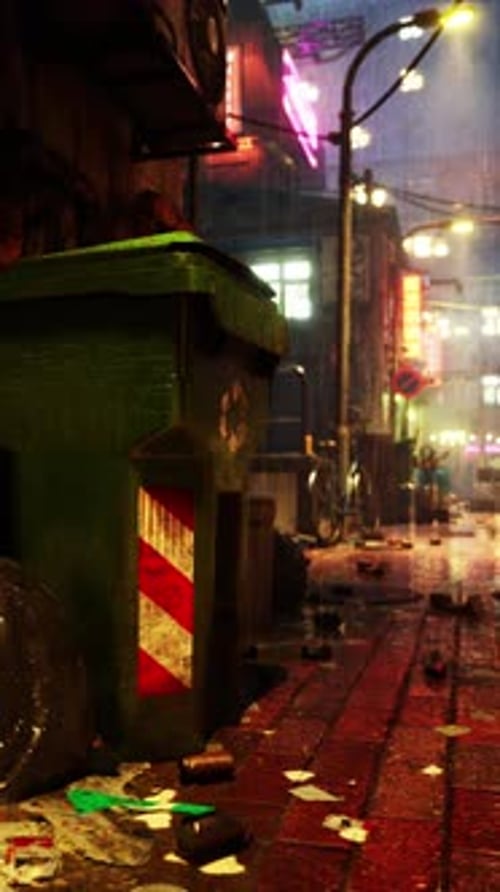 Trash Can on Sidewalk Along Asian Street at Night