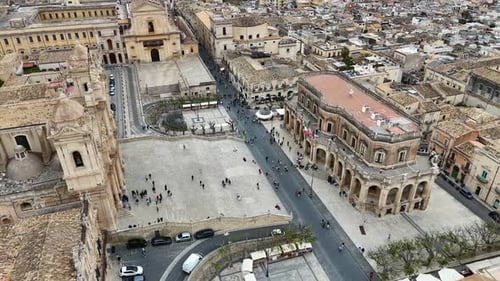 Drone shot of Cathedral Square (Piazza del Duomo) in Noto, Sicily, Italy