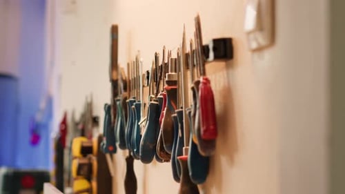 Close Up of Woodworking Tools on Rack Used for Carving Wood Surfaces