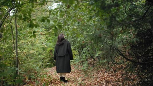 Woman Standing in Forest Looking Up at Trees