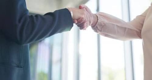 Partnership, collaboration and handshake of business people in office for deal or contract