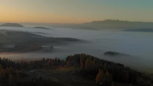 Foggy Landscape at Sunrise Aerial View