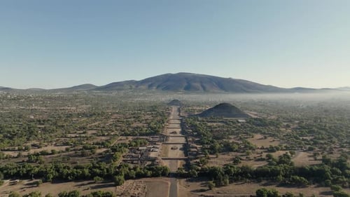 Aerial Shot Of Teotihuacan City of Gods, Aztec Pyramids, Hot Air Balloons In Background, Mexico