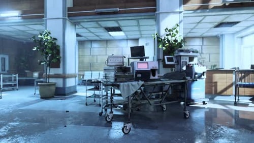 Abandoned and Damaged Hospital Interior Showing Neglected Medical Equipment