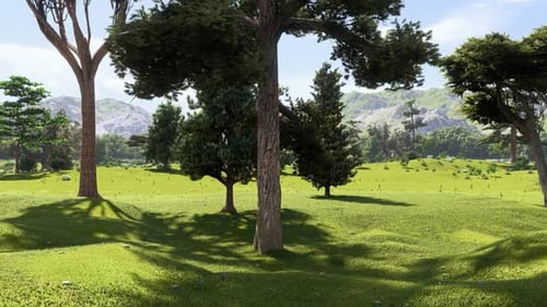 Grass Field and Forest Trees