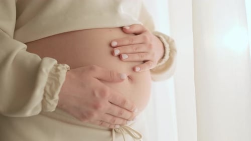 Femme enceinte se caressant le ventre debout près de la fenêtre