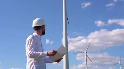 Engineer Maintains and Controls Wind Turbine Energy Generation on the Background of Windmills Wind