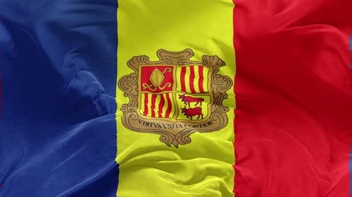 Realistic Waving Flag of Andorra with Coat of Arms