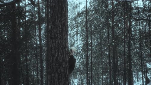 Shy Alien Peeking Out from behind Pine Tree in Winter Forest