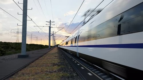 Futuristic High-Speed Train Speeding Along Tracks