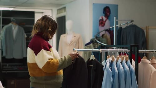 Woman Shopping in Boutique Clothes Rack Selection