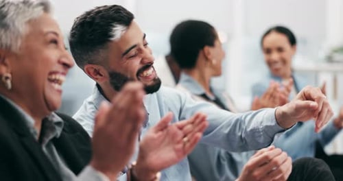 Happy business people, group and applause in conference, tradeshow and achievement of success