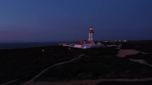 Lighthouse Cabo Espichel at Twilight Rotating Beam Portugal Aerial View