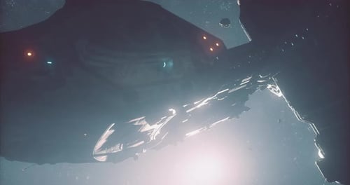 Futuristic Spacecraft Cruising Through a Debris Field