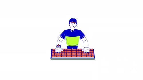 Asian male cyberathlete gamer typing keyboard 2D character doodle animation