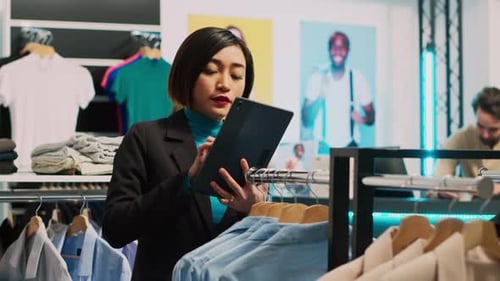 Store Manager Working on Boutique Stock with Tablet