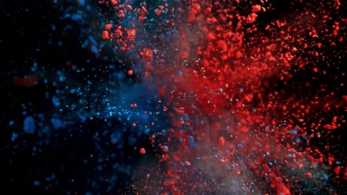 Superzeitlupenexplosion von Farbpulver auf schwarzem Hintergrund, gefilmt mit einer Hochgeschwindigkeitskamera bei 10:00 Uhr