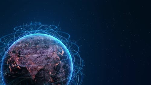Futuristic Animation of Planet Earth Glowing Deep Blue Space Orbiting Data Rings Light Beams