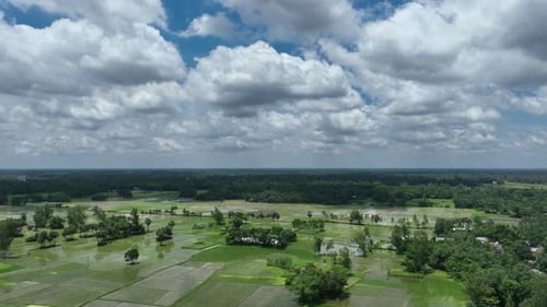 Aerial view of green fields under cloudy sky, Bangladesh.