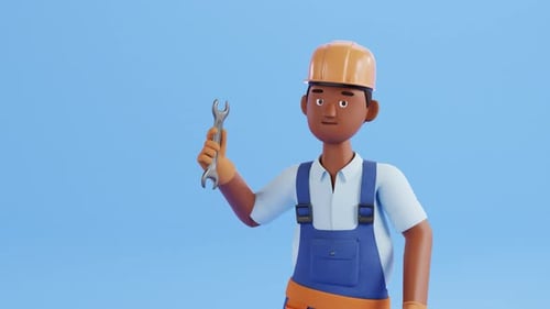 Анимация персонажей Builder. Рабочий на строительной площадке, разнорабочий или сантехник в руках гаечный
ключ