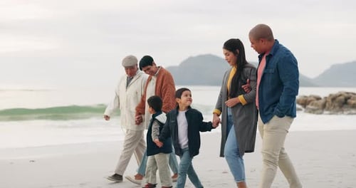 Family, walk on beach sand and holding hands, generations and travel with ocean